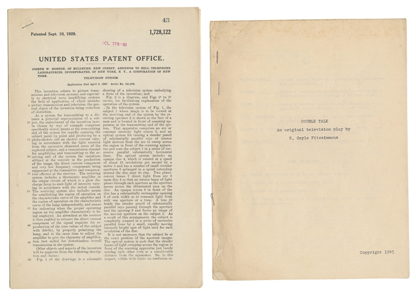  [TELEVISION]. Group of Two Early Patents for Television, an...