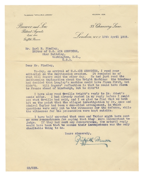  [AVIATION]. BREWER, Griffith (1867-1948). Typed letter sign...