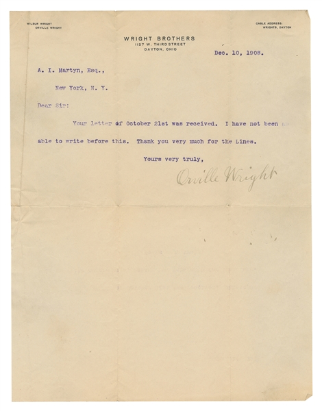  [AVIATION]. WRIGHT, Orville (1871-1948). Typed letter signe...