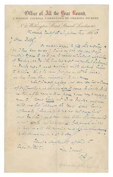  DICKENS, Charles (1812-1870). Autograph letter signed (“CD”...