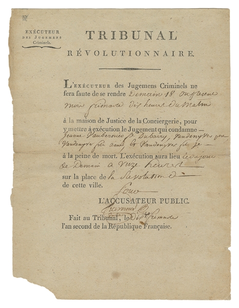  [FRENCH REVOLUTION]. -- [COUNTESS DU BARRY, Jeanne Bécu (17...