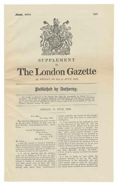  [IRISH EASTER REBELLION]. Supplement to the London Gazette ...