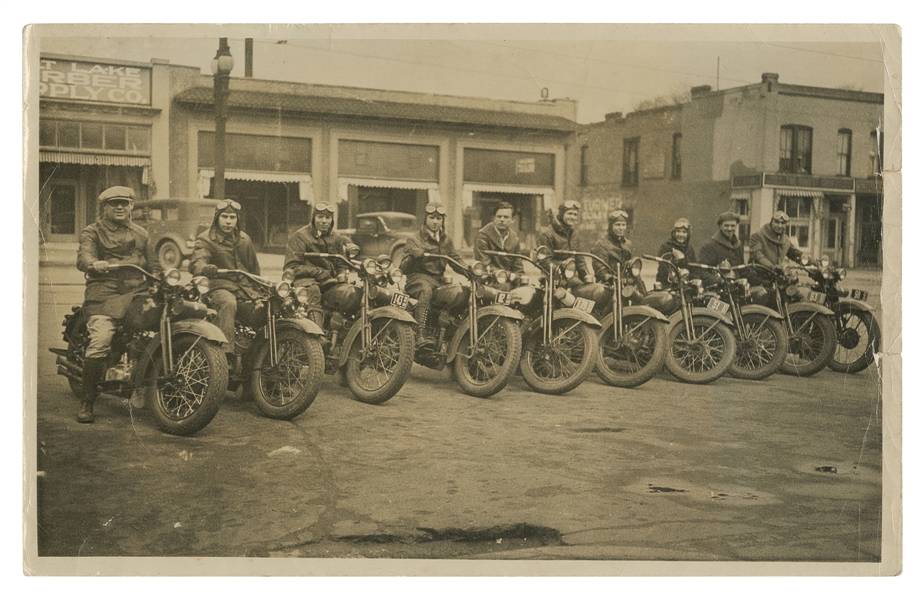  [MOTORCYCLES]. Photograph of Ten Motorcyclists During a Pau...