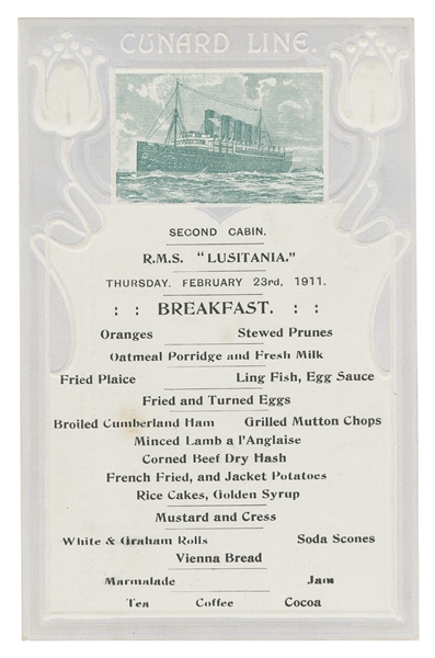  [RMS LUSITANIA]. Second cabin breakfast menu, 23 February 1...