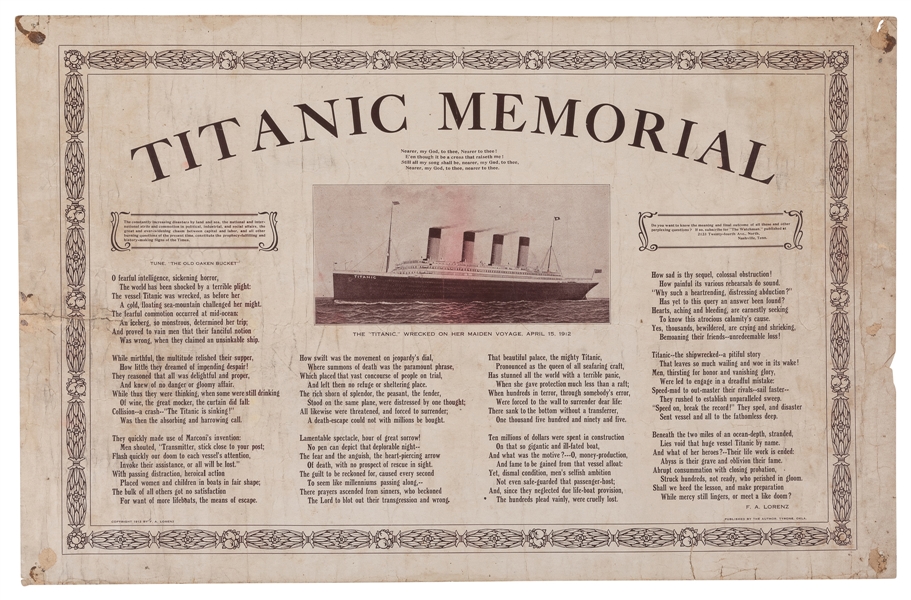  [RMS TITANIC]. LORENZ, F.A. Titanic Memorial. Tyrone, OK: t...