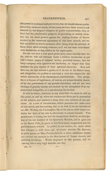  [SHELLEY, Mary Wollstonecraft (1797-1851)]. Frankenstein; o...