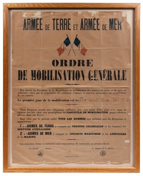  Ordre de Mobilisation Generale. 1914. France: Ministre de l...