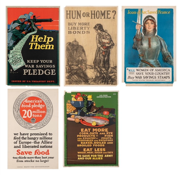  [WORLD WAR I]. Group of 5 American propaganda posters. Circ...