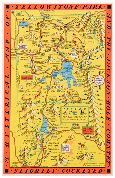 LINDGREN, Jolly (1895-1952). A Hysterical Map of Yellowstone Park and the Jackson Hole Country Slightly Cockeyed. 