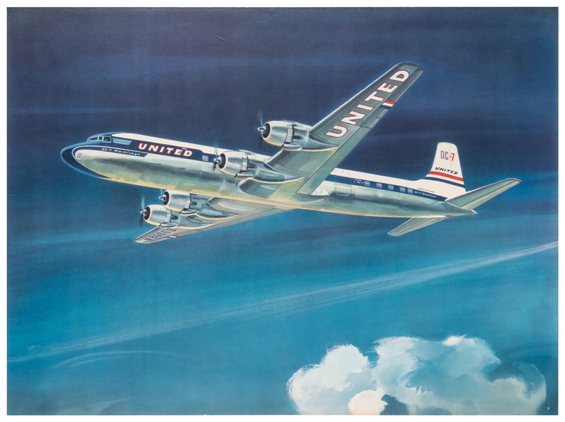  United Airlines / DC-7. Circa 1950s. Plane soaring above a ...