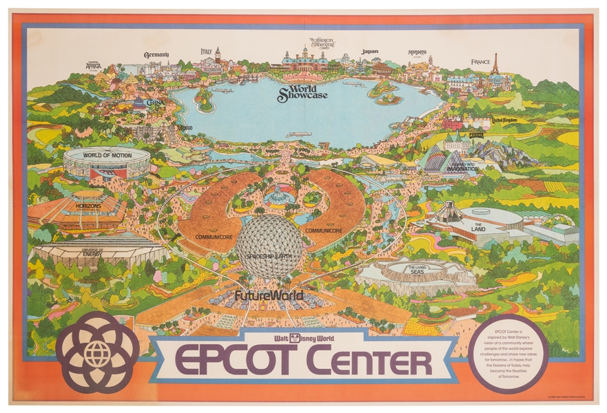  Walt Disney World EPCOT Center. 1982. Color pictorial map o...