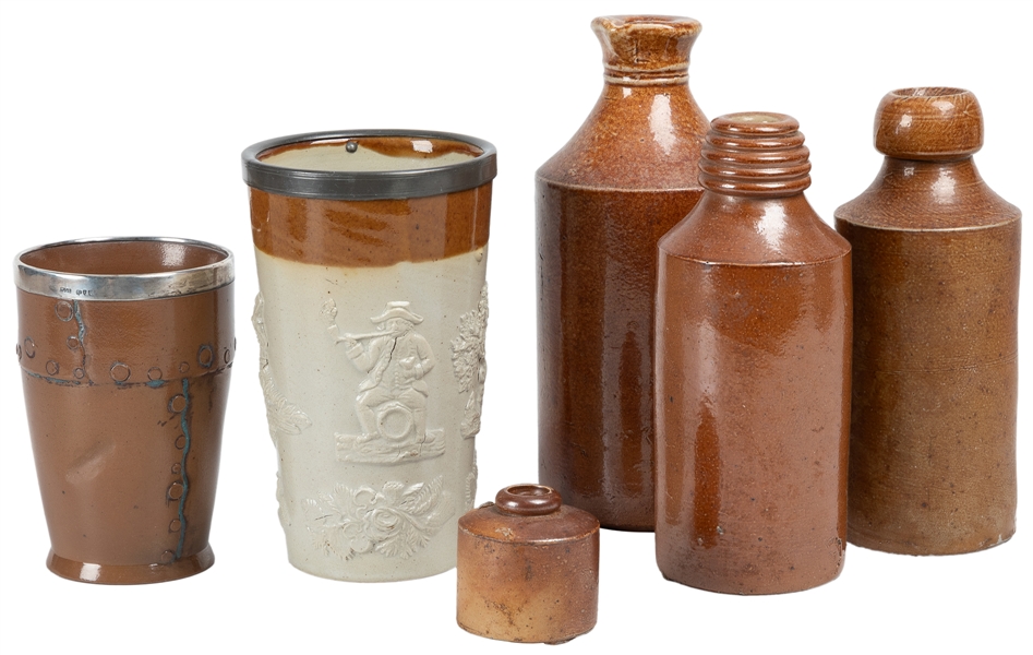  [POTTERY]. Group of 5 Stoneware Inkwells or Bottles and Two...