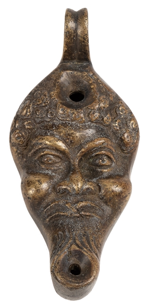  [ODDITY]. Miniature Bronze Oil Lamp with a Man’s Face. [Spa...