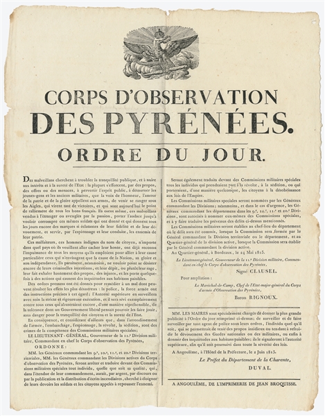  Corps d’Observation des Pyrénées. Ordre du Jour. Angoulême:...