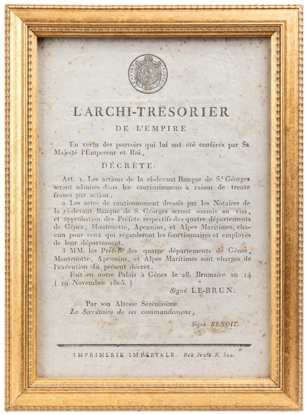  [PRINTED DECREE]. “L’Archi-Trésorier de l’Empire…” [Paris:]...