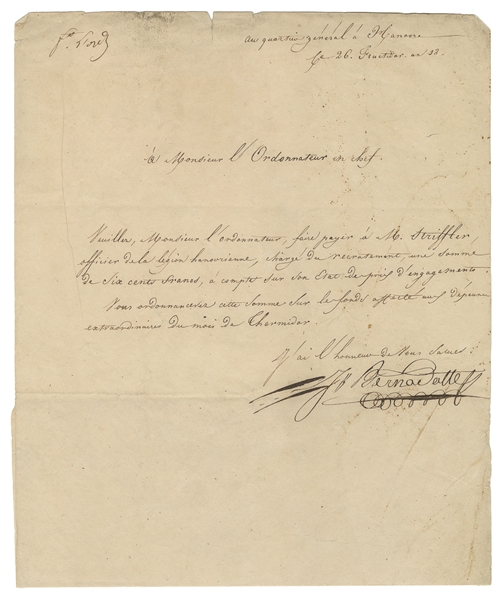  BERNADOTTE, Jean-Baptiste (1763-1844). Secretarial Letter S...