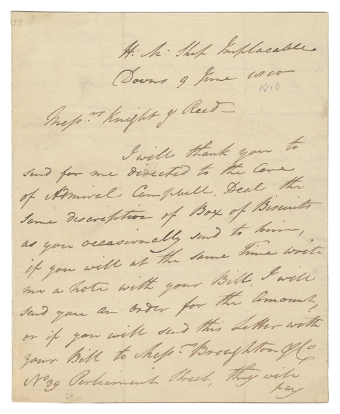  COCKBURN, Admiral Sir George (1772-1853). Autograph Letter ...