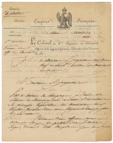  VALLIN, Col. Louis (1770-1854). Manuscript Report Signed. M...