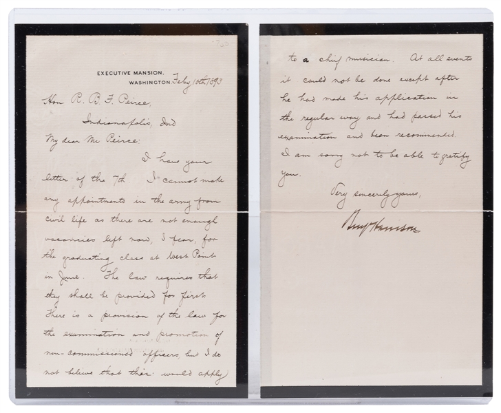  HARRISON, Benjamin (1833-1901). Secretarial Letter Signed b...