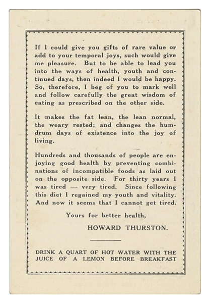  THURSTON, Howard (1869 – 1936). Thurston Diet Card. Late 19...