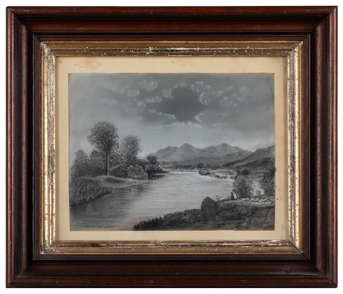  [FOLK ART]. Untitled. (Fishing Scene Grisaille). Circa 1860...