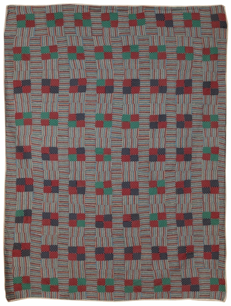  [FOLK ART QUILT]. Four Square Pattern. Red, Green and Blue....