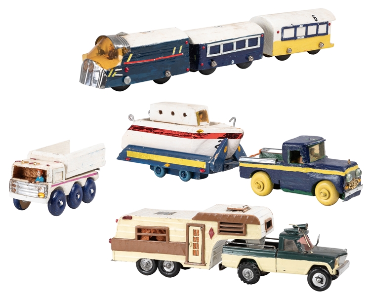  [FOLK ART] Nine Toy Vehicles: Handmade Train Engine and Two...