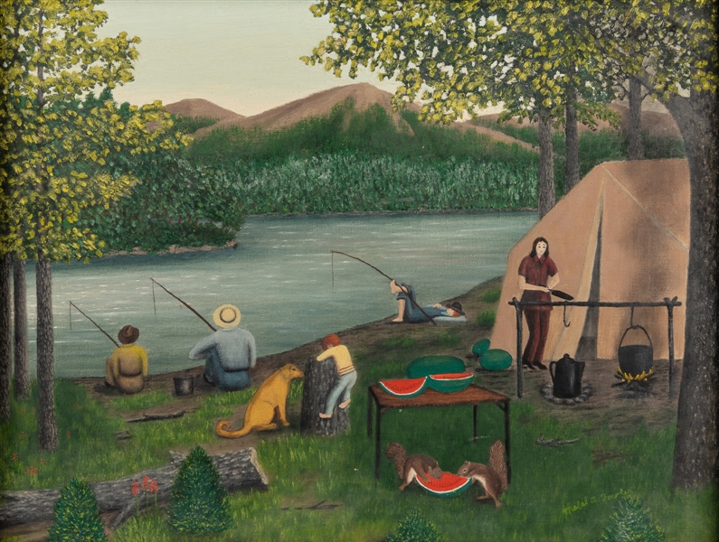  [FOLK ART PAINTING]. Camping and Fishing Scene. Circa 1950....