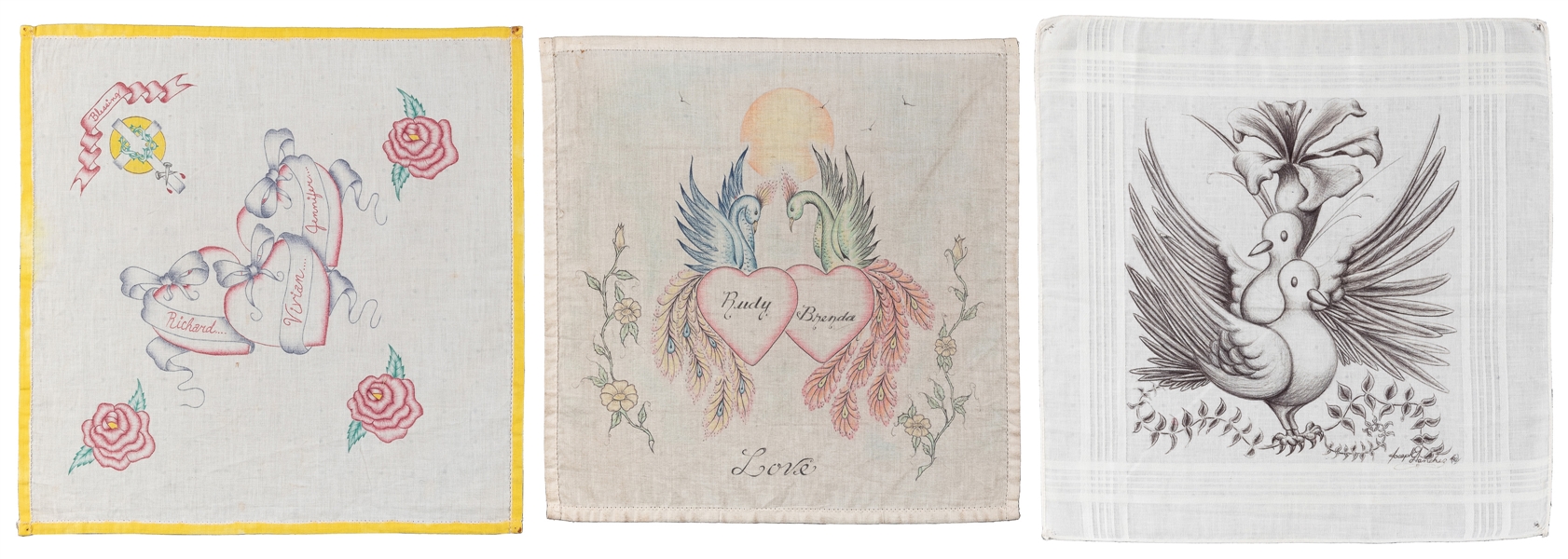  [PRISON ART]. A Group of Three Hand-Drawn Handkerchiefs by ...