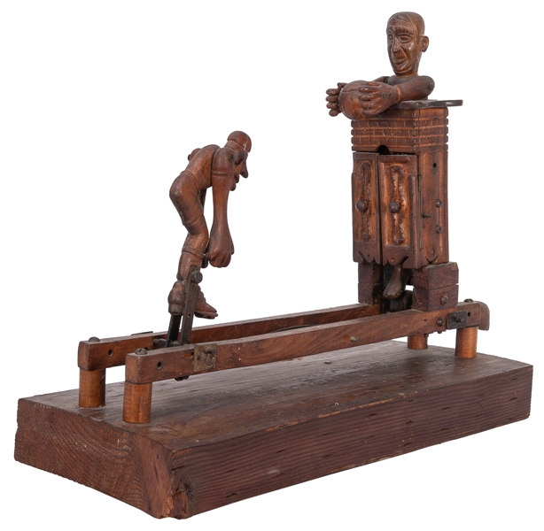  [FOLK ART]. Wood Carved Mechanical Soccer Sculpture. ca. 19...