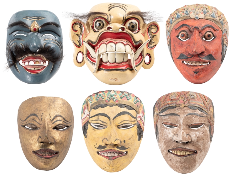  [MASKS] Six Vintage Hand Carved Masks. Southeast Asia / Ind...