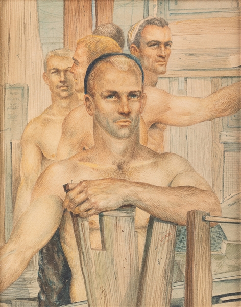  LEAR, John (American, 1910-2008) Group (Five Bare-chested Men). Watercolor and grap...