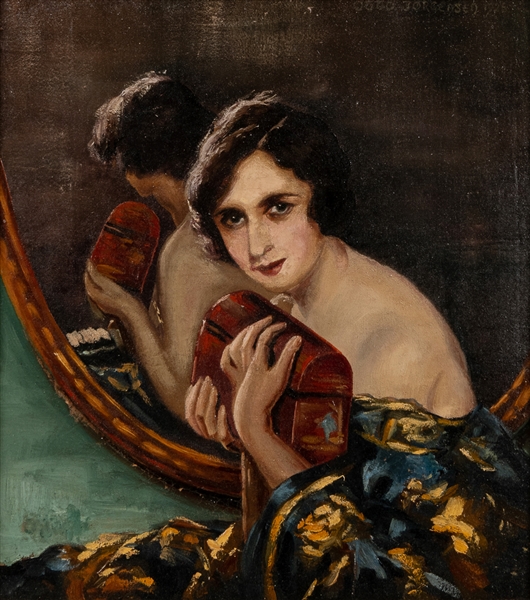 ARTIST UNKNOWN (American, 20th century). Untitled. (Woman Clutching a Box in a Mirror). Not dated. Oil on 