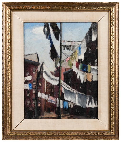 ARTIST UNKNOWN (American, 20th century). Untitled. (Clothes Line in the City). Not dated. -Oil on canvas board. 