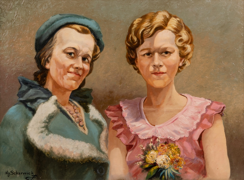 SCHARWICK, Harry (American, 1914-1981) Untitled. (Mother and Daughter) Not dated. Circa 1950s. Oil on canvas board. S