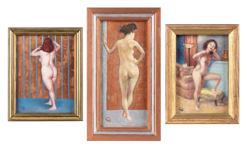 ARTIST UNKNOWN (American, 20th century). Untitled. (Three Nudes). Three Works. Not dated. Oil on canvas or panel. Signed with 