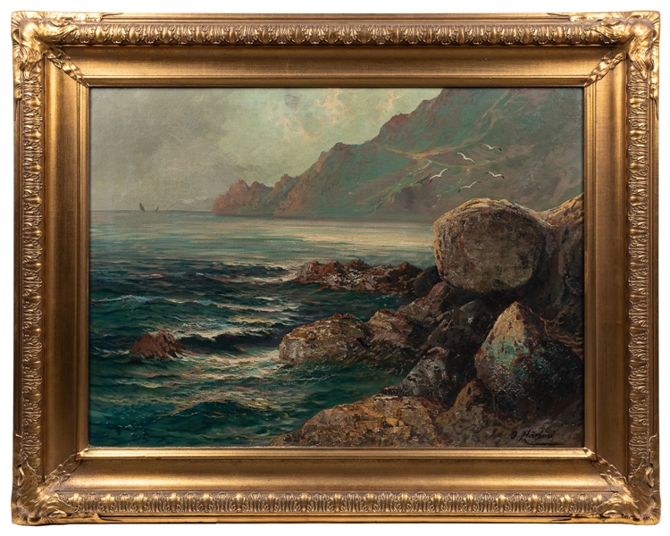  [ARTIST UNKNOWN]. Seaside Cliffscape Painting. Oil on canva...