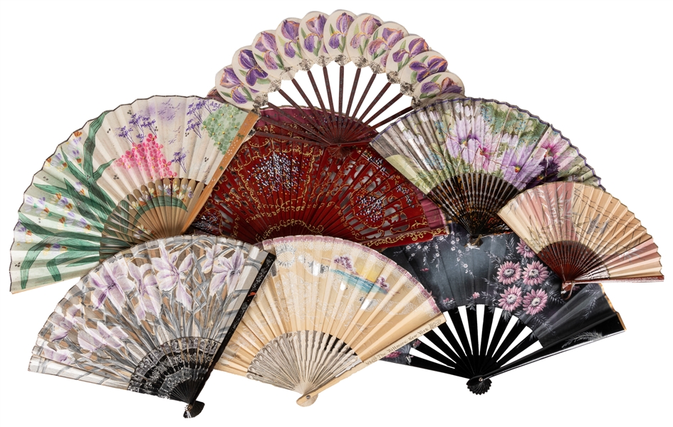  [JAPANESE FOLDING FANS]. Group of 8 Hand Painted Fans. Japa...