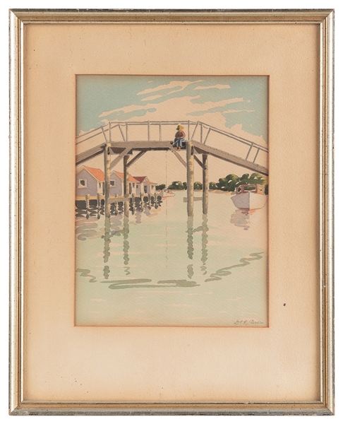 BEER, Doris and Richard (Americans, 1898-1967 and 1893-1959). Untitled Watercolor of a Boy Fishing Off a Bridge. [Ca. 1940s-1950s].