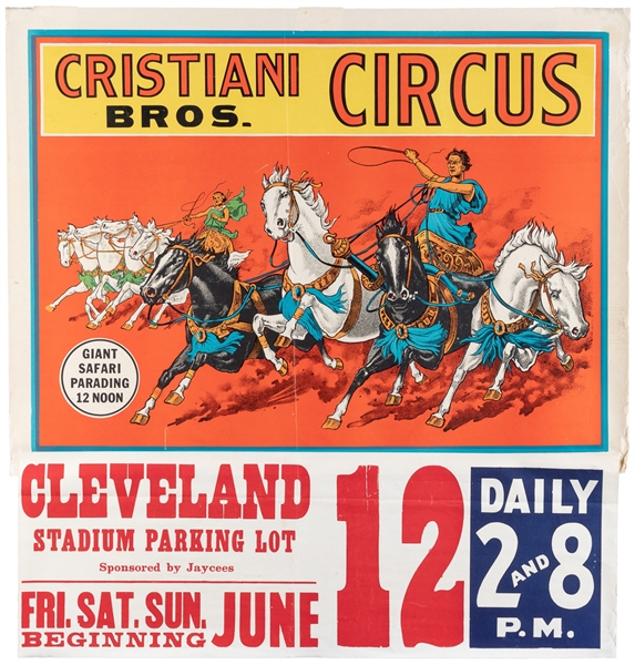  Cristiani Bros. Circus. Circa 1950s. Color lithograph poste...