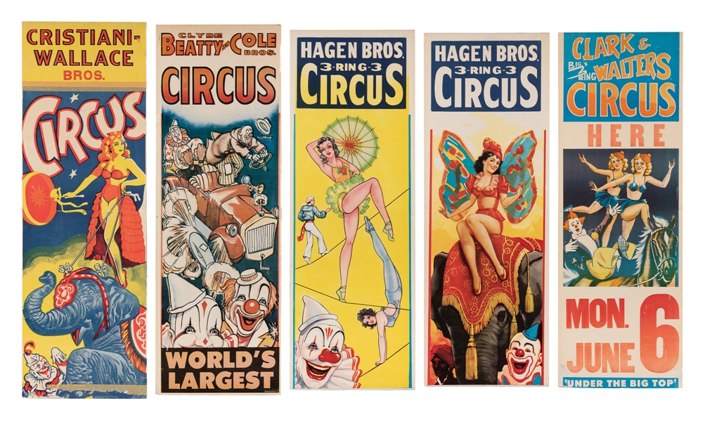  Group of 5 circus panel posters. American, ca. 1950s-60s. I...