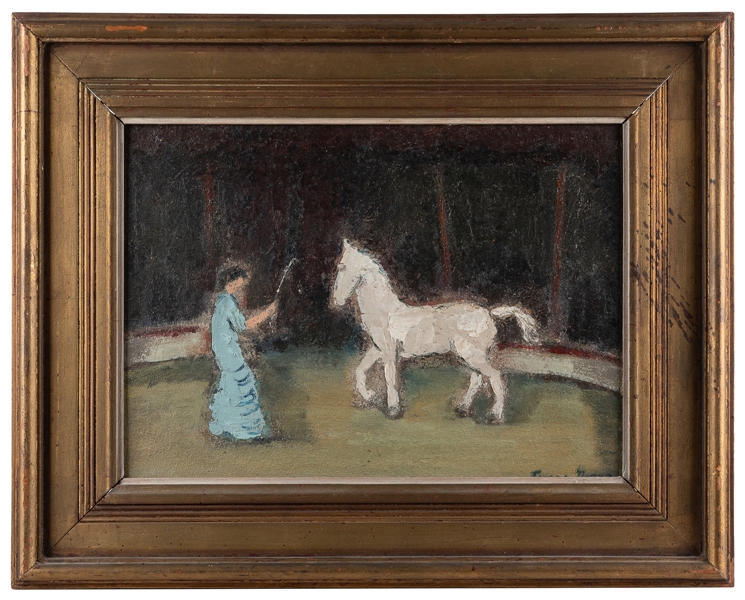  ARTIST UNKNOWN. Oil painting of circus equestrian. 20th cen...