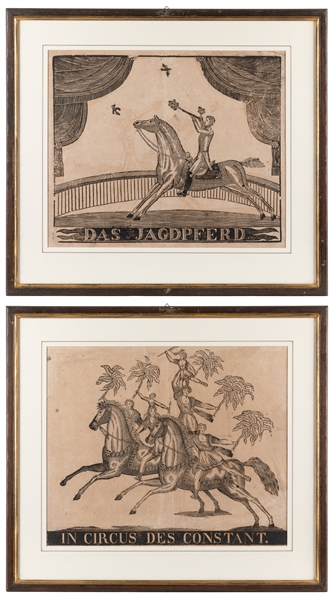  [EQUESTRIAN ACTS]. Two woodblock prints. N.p., n.d. (ca. 18...