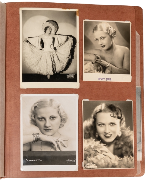  [DANCERS]. Scrapbook of photographs and postcards of female...