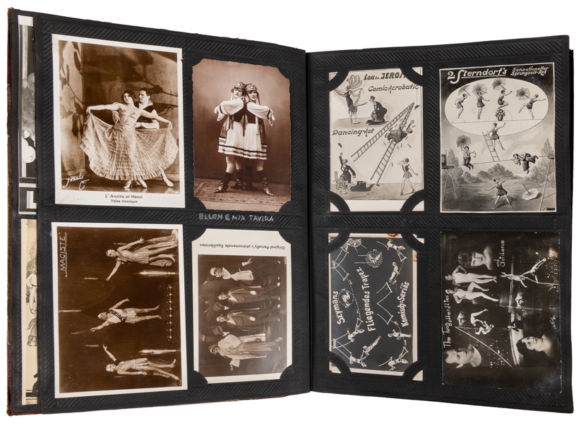  Scrapbook of circus variety performer photos and postcards,...