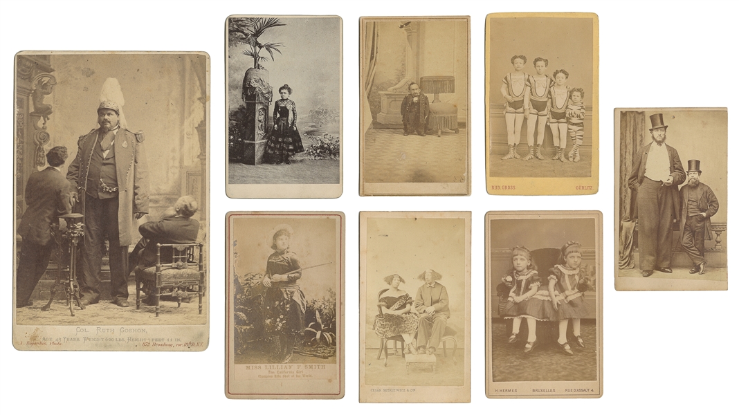  [CIRCUS & SIDESHOW]. Group of 8 CDVs and cabinet photos. V....