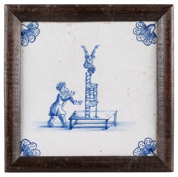  Delft Equilibrist / Balancing Act Tile. Dutch, ca. 19th cen...