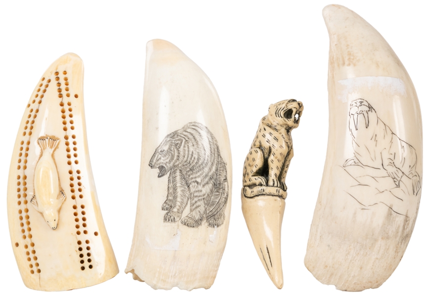  Group of 4 Scrimshaw Items. Three scrimshawed whale teeth, ...