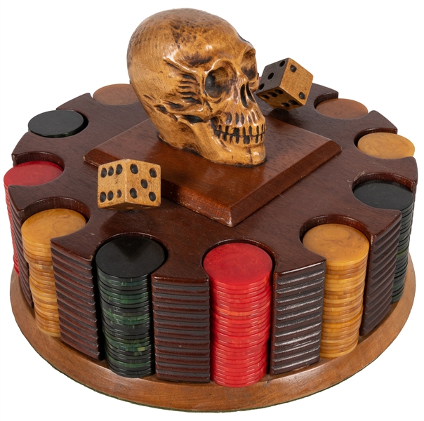  Bakelite Poker Chip Set with Skull and Dice Caddy. Set of a...