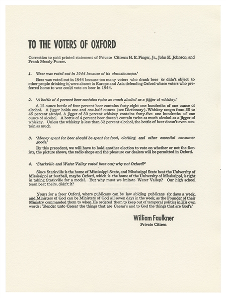  FAULKNER, William (1897–1962). To the Voters of Oxford. [Wi...